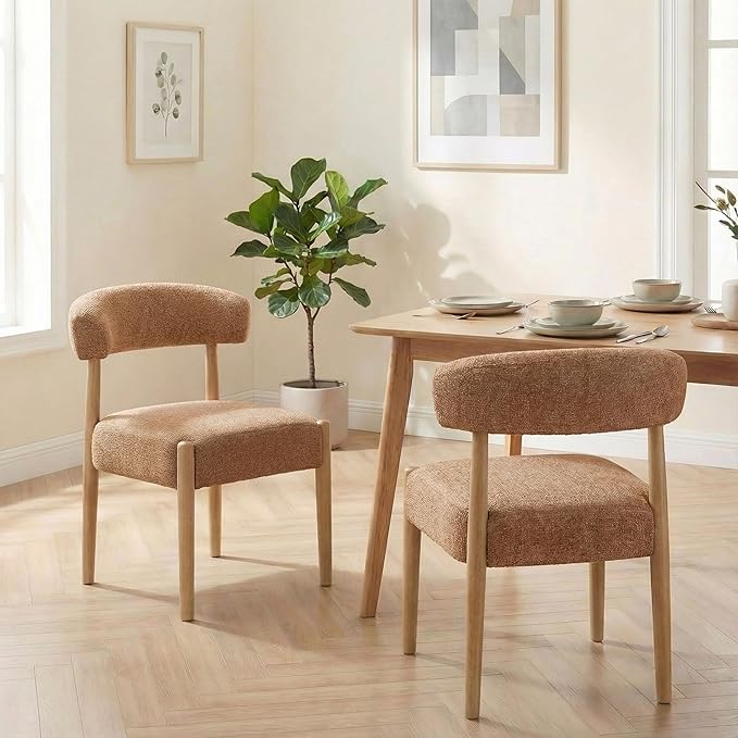VKNOW Upholstered Dining Room Set for 6, Mid-Century Modern Dining Chairs Set of 4 and Dining Bench with Rubberwood Legs, for Dining Room, Living Room, Kitchen, Orange