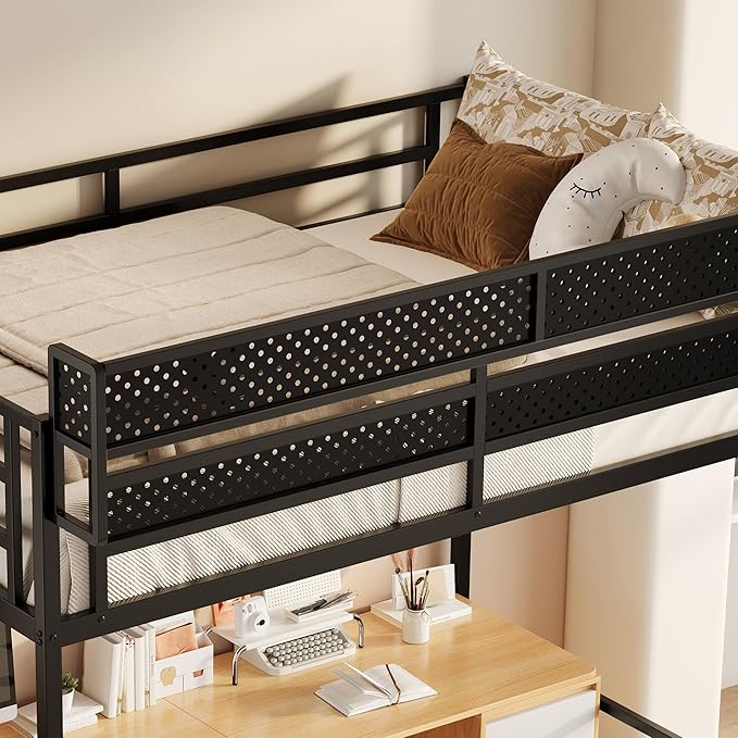 Full Size Metal Loft Bed with Storage Shelf Built-in USB Port, Heavy Duty Loft Bed w/Storage Stairs & Wardrobe+ LED Lights for Bedroom, Large Under-Bed Area, Noise Free, No Box Spring Needed