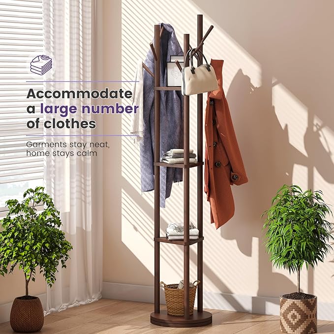 Rotating Coat Rack, Freestanding Coat Rack with 3 Shelves and 9 Hooks Clothes Organizer Coat tree for Bedroom, Entryway, Livingroom (Brown)