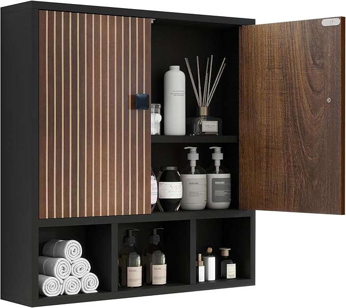 Bathroom Wall Cabinet,Wooden Medicine Cabinet with Fluted Doors Over The Toilet Storage Cabinet with Adjustable Shelf for Bathroom,Black