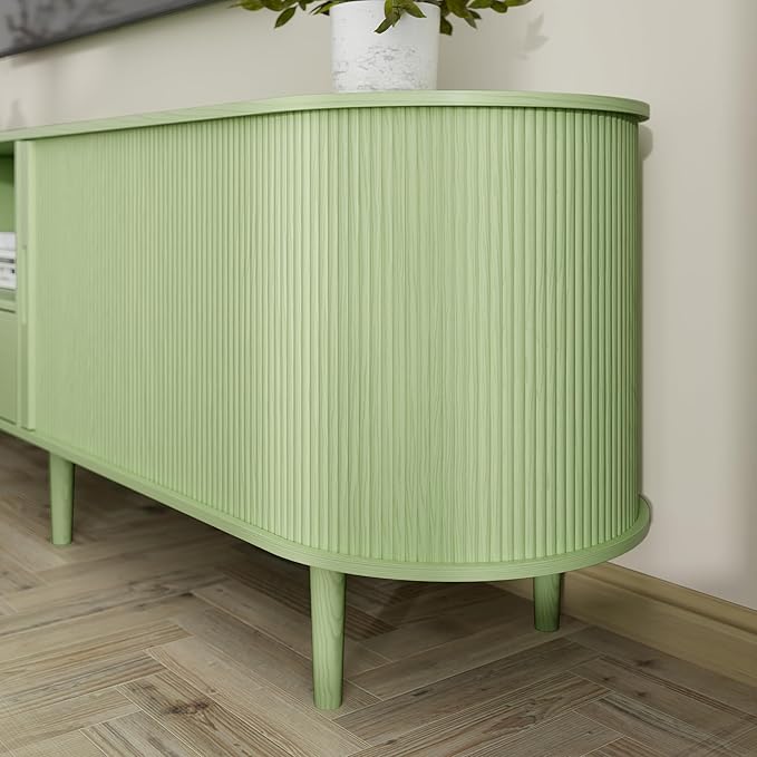 DHH 86.6" Fluted TV Stand with Power Outlet for TVs up to 90", TV Console with Adjustable Shelves and Sliding Door,Mid Century Modern Entertainment Center for Living Room,Bedroom (Green, 86.6Inch)