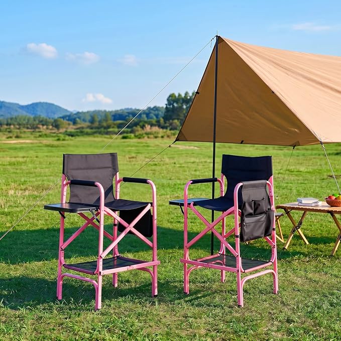 VINGLI 31" Tall Director's Chair for Makeup Artist, Aluminum Portable Makeup Chair with Retractable Side Table & Footrest,Supports 300 lbs, Foldable Makeup Chair for Studio, Pink & Black