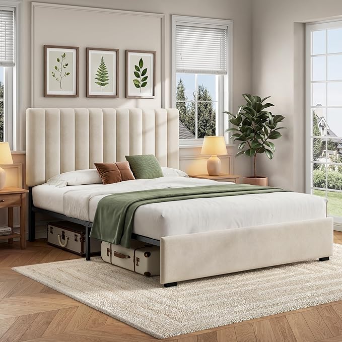 Welzona Full Upholstered Bed Frame with Headboard, Velvet Upholstered Metal Platform Bed with Vertical Channel Tufted Headboard, 3-Level Height, Metal Slat Support, Noise-Free Easy Assembly, White