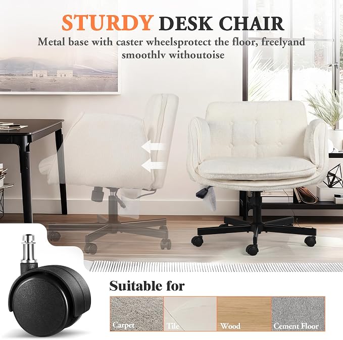 Criss Cross Chair with Lumbar Airbag & Folding Arms Relieve Back Pain, Wide Cross Legged Office Chair for Home Office, Comfy Swivel Desk Chair with Wheels, 5 Level Adjustable Armrest, Chenille(White)