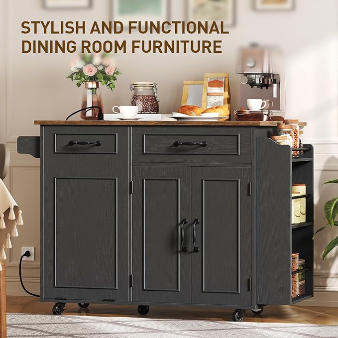 RALGEND Kitchen Island with Power Outlet & Drop Leaf, Mobile Rolling Cart with Trash Can Storage, 3-Tier Spice Rack, Island Table for Kitchen, Dining Room, Black and Rustic Brown