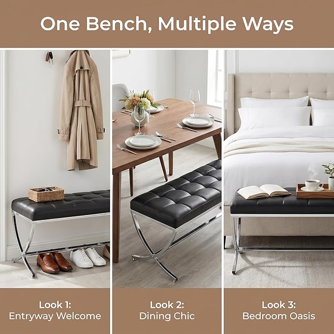 DUOMAY Modern Tufted Ottoman Bench, PU Leather Upholstered Dining Bench, Button Tufted Footrest Stool Vanity Seat with with X Metal Legs, 45.75" W x 16.5" D x 19.25" H, Black