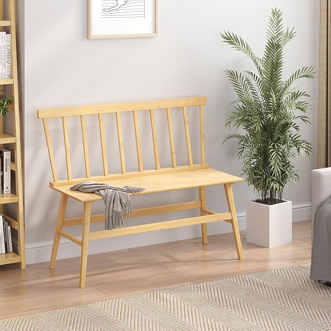 Bamboo Dining Bench, Entryway Bench with Spindle Back Farmhouse Wood Windsor for Foyer Balcony Living Room (Nature)