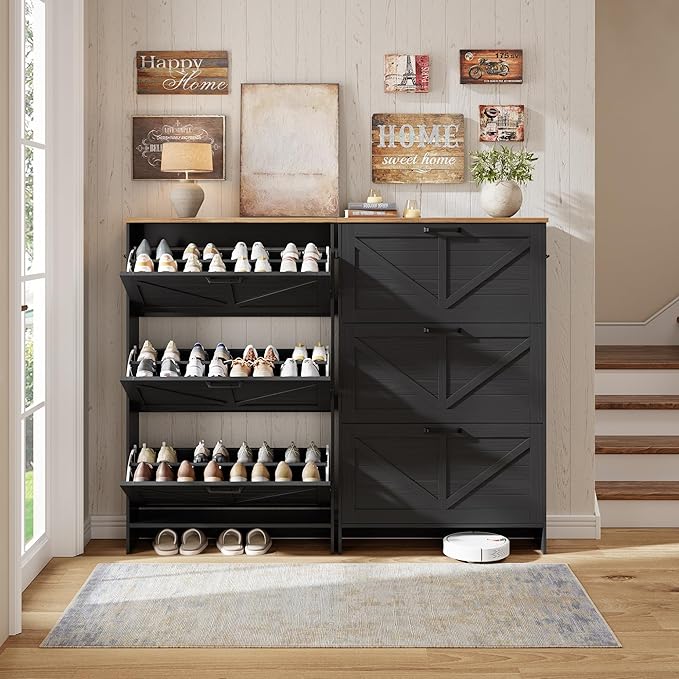 Nicetree Shoe Storage Organizer with 3 Flip Drawers, Freestanding Fluted Accent Narrow Shoe Rack, Farmhouse Shoe Cabinet with 3-Tier Adjustable Shelves for Hallway Foyer Rustic Black