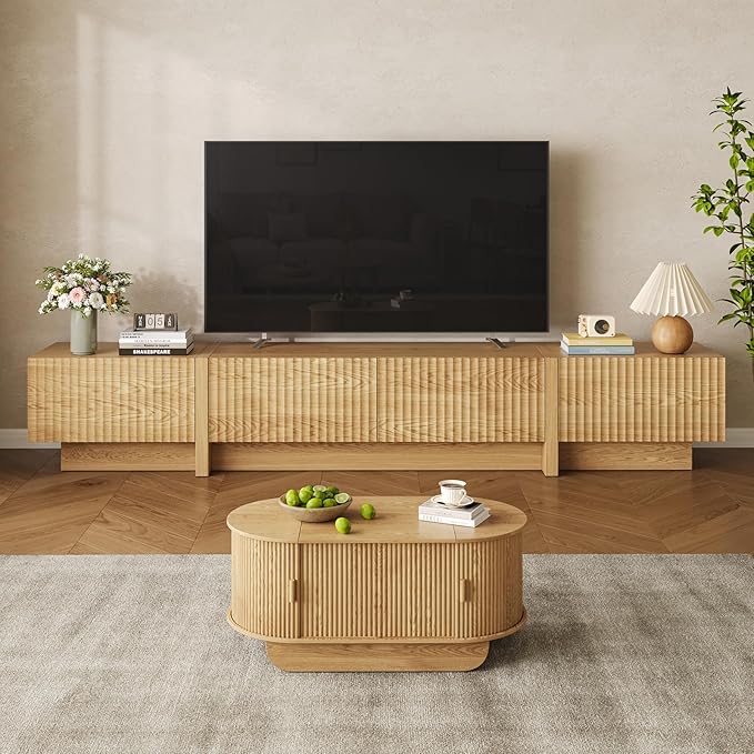 98” TV Stand for Living Room, Modern Entertainment Center with Drawers & Storage Compartments, Large TV Console Fits 55”-95” TVs, Square Top with Grooved Drawer Fronts & Stable Base,Natural