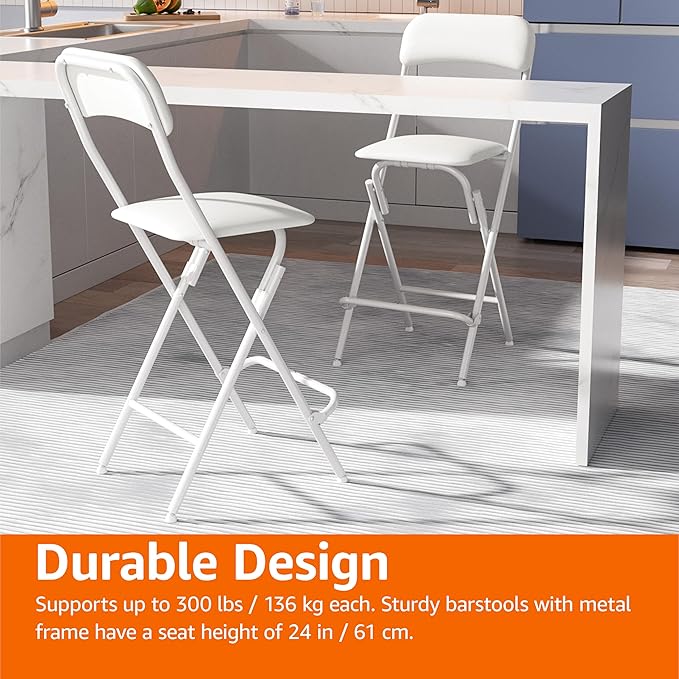 Amazon Basics Folding Bar Stool with Footrest, Portable, Sturdy, Space-Saving Storage, 300lb Capacity, 24" Height, White, Set of 2