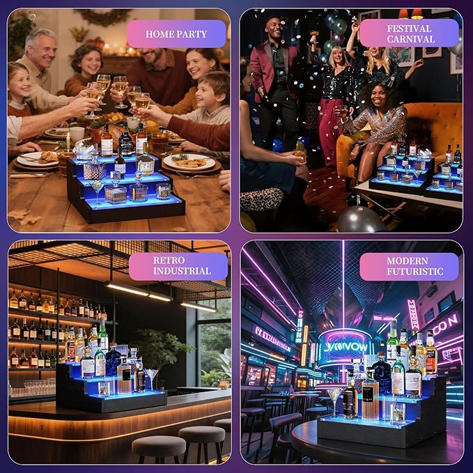 LED Lighted Wine Bottle Display Shelf, 3-Tier Acrylic Liquor Bottle Stand with APP Controlled Multicolor Lighting, Countertop Bar Organizer for Home Mini Bar Party Decor (3 Step 1 Pack)