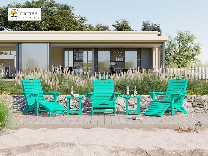 Ciokea Folding Adirondack Chair Set of 2 with Retractable Ottoman Fire Pit Patio Chair with Pull Out Foot Rest Weather Resistant Lawn Outdoor Chair with 2 Cup Holder (Lake Blue)