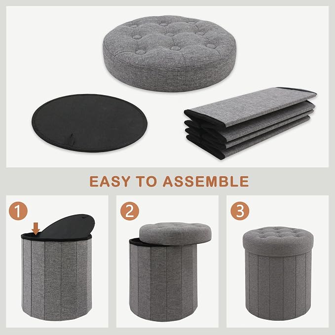 CAROLMADE Round Storage Ottoman,Linen Folding Footrest Stool with Thicker Foam Padded Seat,Versatile Vanity Stool for Living Room,Bedroom or Dorm,Grey