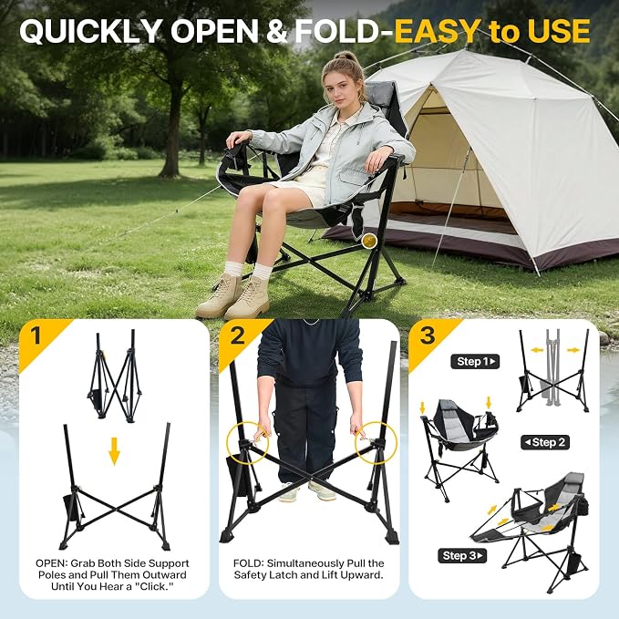 ZENPETIO Hammock Camping Chair with Footrest, Heavy Duty Swinging Rocking Camping Chairs for Adults Portable Folding Camp Chairs Oversized Rocker with Cup Holder & Pillow for Patio Beach, 500 LBS