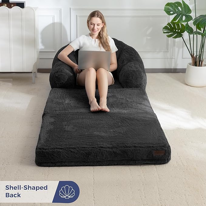 MAXYOYO Folding Sofa Bed, 2 in 1 Convertible Sofa to Lounger Comfy Single Bean Bag Chair for Adults, Floor Sleeper Couch with Handle, Faux Fur Couch Bed for Living Room Bedroom, Black