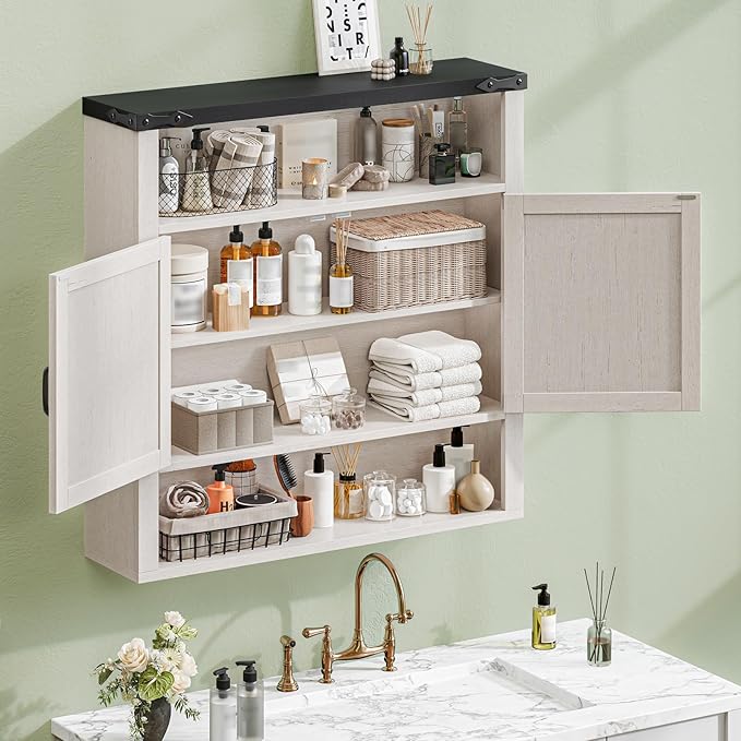 Bathroom Wall Cabinet, Farmhouse Medicine Cabinet with Adjustable Shelves and 2 Barn Doors, Wall Mounted Over the Toilet Storage Cabinet for Bathroom, Laundry Room, Kitchen, Rustic White and Black