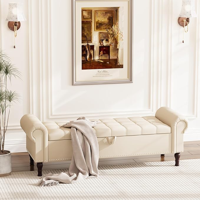Apicizon 60” Bench with Storage, Faux Leather Ottoman Bench with Rolled Arm & Vintage Rivets, End of Bed Bench for Bedroom, Living Room, Entryway, Beige+Brown Legs