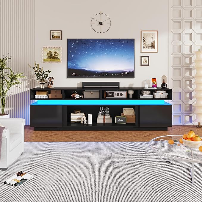 chartustriable LED TV Stand for 100 Inch TV, Modern Tall Entertainment Center with Power Outlets, High Gloss TV Stand, Gaming TV Media Console for Living Room, 93 Inch, Black