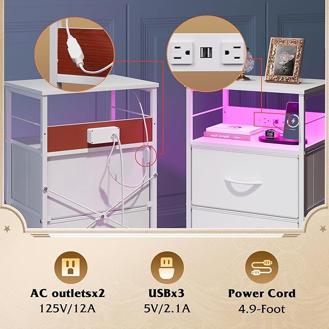 WLIVE Nightstand with Charging Station, 31.9" H Nightstand with 3 Fabric Drawers, LED Bedside Table with USB Ports and Outlets, End Table for Dorm, Bedroom, Entryway, White