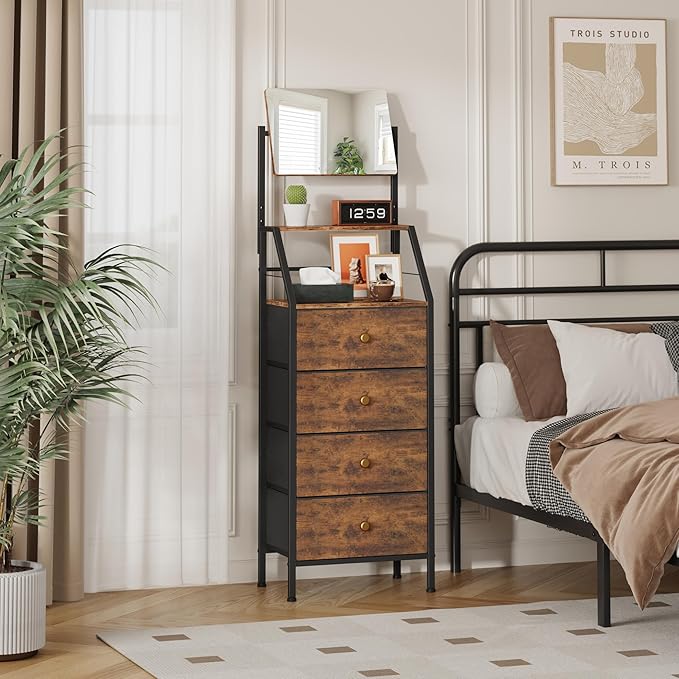 HIGDBFE 4-Drawer Dresser with Mirror, Vanity with 2-Tier Shelves, Fabric Chest of Drawers for Small Space, Vertical Storage Cabinet for Bedroom, Nightstand Bedside Table, Rustic Brown, 15.3" W