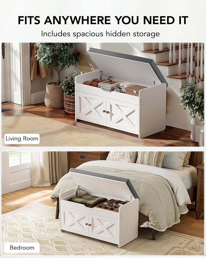 Amada Shoe Storage Bench, 31.5" Small Entryway Bench with Cushioned Seat & Lift Top Storage, 2 Door, Adjustable Shelf, 300 lbs Capacity, Bench with Shoe Rack for Entryway, Bedroom, Living Room, White