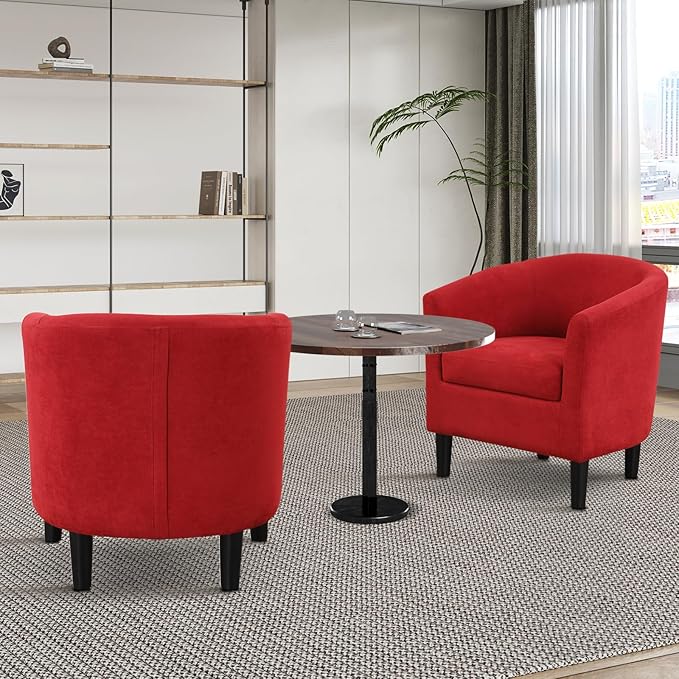 INZOY Modern Accent Chair with Ottoman for Small Space, Club Chair with Ottoman Set, Comfy Fabric Barrel Reading Chairs for Living Room Bedroom, Round Reading Chair with Foot Rest, Red
