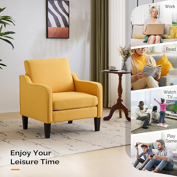 VINGLI Chair Yellow Upholstered Linen Accent Chair for Living Room, Bedroom, Mid-Century Modern Arm Chair Comfy Reading Chair with Scooped Arms