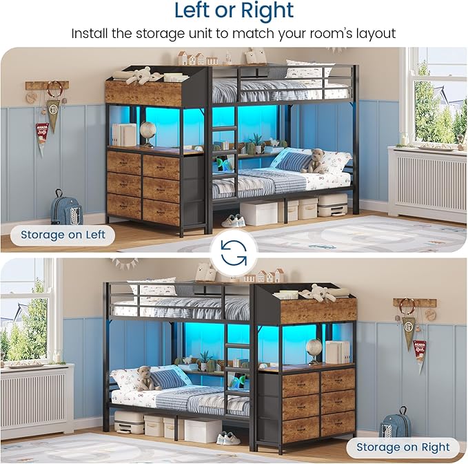 Twin Over Twin Bunk Bed with 6 Storage Drawers & 3 Boxes, Dual Side Shelves, Twin Bunk Beds for Kids with LED Lights and Charging Station, Heavy Duty Metal Bunk Bed with Safety Guardrail and Ladder