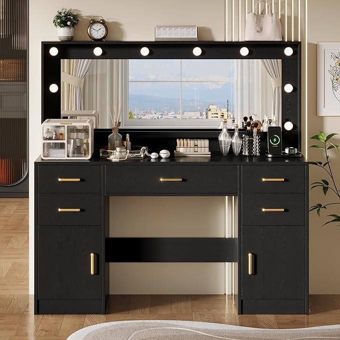 TOKSOM 44.8" Large Vanity Desk with Lighted Mirror & Power Outlet, Black Makeup Vanity Desk with Mirror and Lights, Black Vanity Table with 5 Drawers and 2 Cabinets, Dressing Table for Bedroom