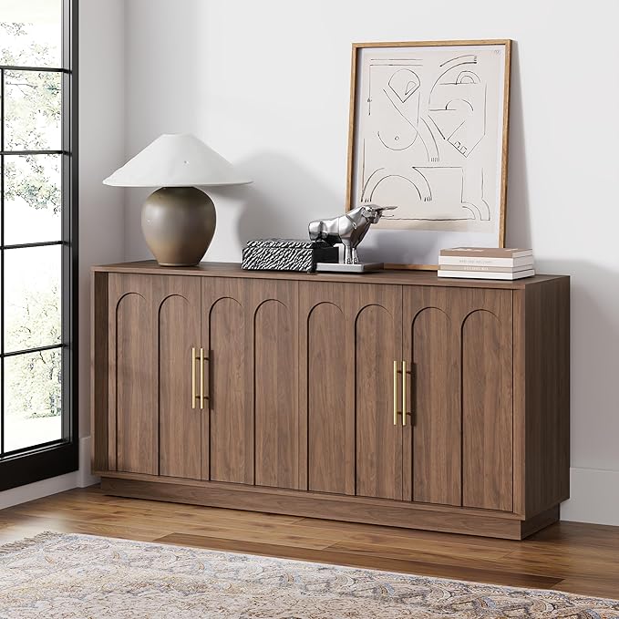 FORTUNETEC Sideboard Buffet Cabinet with Storage, Mid Century Modern Accent Cabinet with Arched Doors, Modular Media Console, Minimalist Credenza for Living Room Kitchen Dining Room Entryway, Walnut