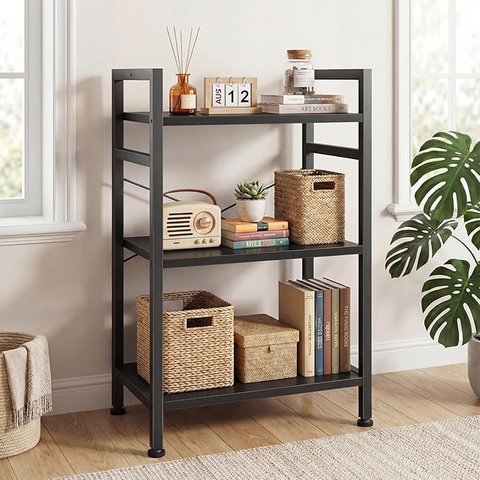 DUMOS 3 Tiers Open Bookshelf, Classic Freestanding Tall Display Shelf, Multifunctional Storage Organizer Rack for Living Room Home Office, Sturdy Bookcase for CDs/Books/Movies, Black