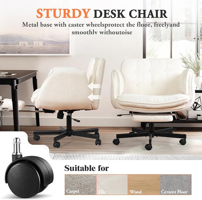 Criss Cross Chair with Footrest & 5 Level Folding Arms Full Relaxation, Wide Cross Legged Office Chair for Home Office, Comfy Swivel Desk Chair with Ottoman, Chenille Vanity Chair (White)