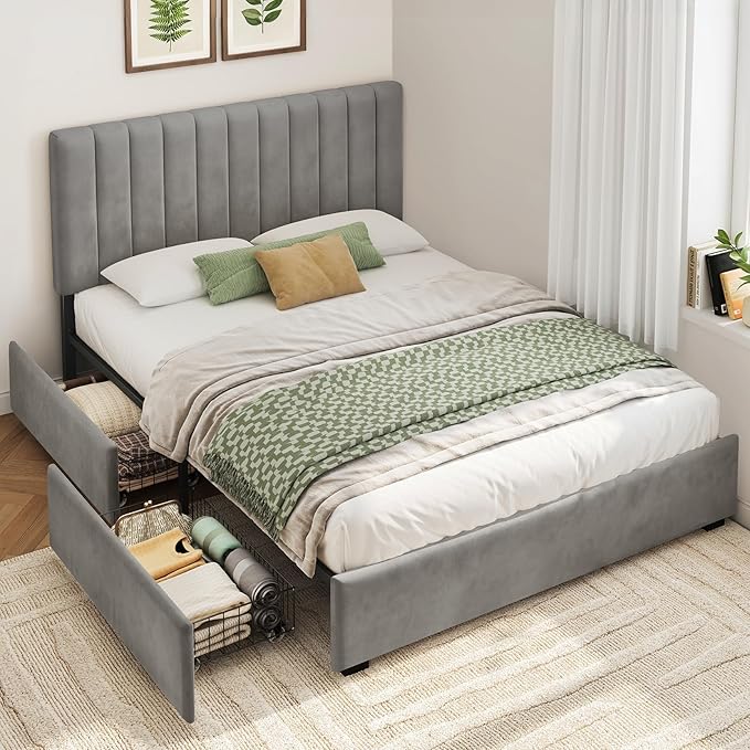 Welzona Queen Size Velvet Bed Frame with 2 Storage Drawers, Fully Upholstered Metal Platform Corner Bed Frame with Vertical Tufted Headboard, 3-Level Height, Easy Assembly, No Box Spring Needed, Grey