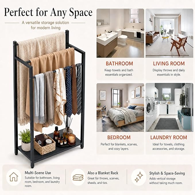 Freestanding Towel Rack, 3 Tier Blanket Ladder Stand with Black Wooden Shelf for Bathroom Living Room (31.5" H x 16.9" W x7.9 D)