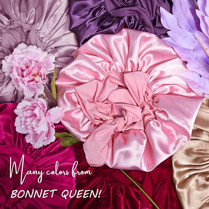 BONNET QUEEN 睡眠用シルクボンネット サテンボンネット ヘアボンネット 大きめボンネット 髪用ラップ タイバンド付きスリープキャップ 女性用 カーリーヘア 三つ編み ドレッドロックス 黒