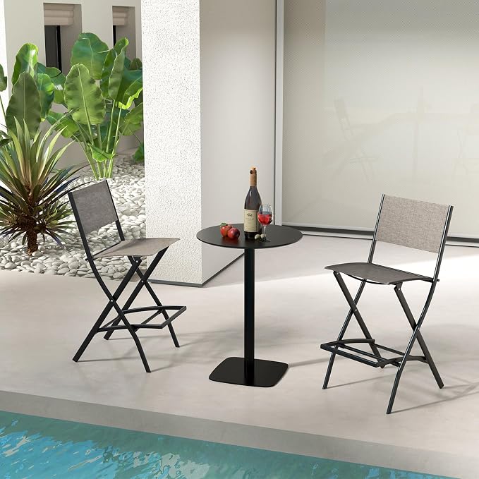 Giantex Folding Patio Bar Chairs Set of 4, Outdoor Counter Height Bar Stools with Footrest & Back, All-Weather Resistant, Metal Frame, for Porch Deck Lawn Garden, Light Brown