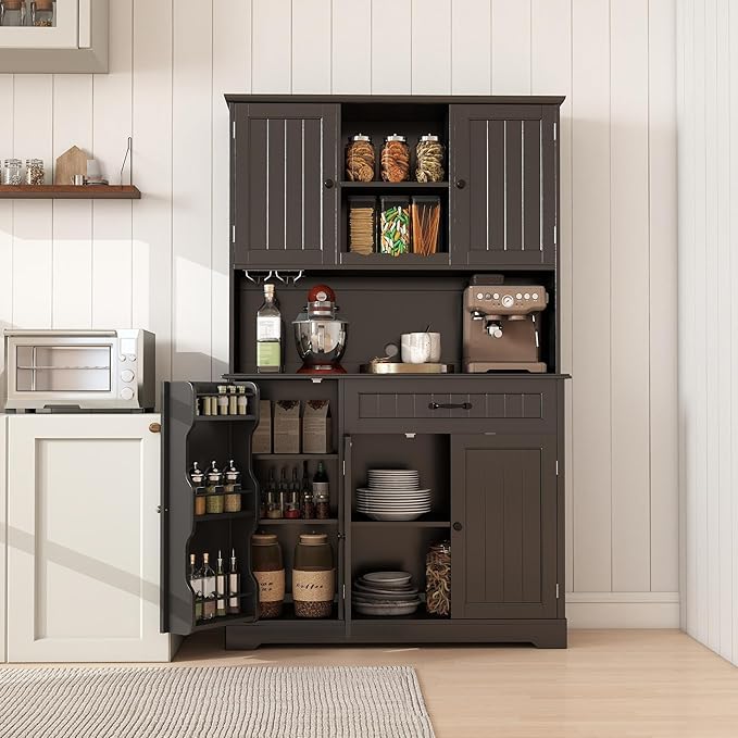 Gizoon Kitchen Pantry Cabinet with Countertop Kitchen Hutch Storage Cabinet 67.7" Tall Pantry Coffee Bar with Storage for Dining Room and Craft Room, Painted Black
