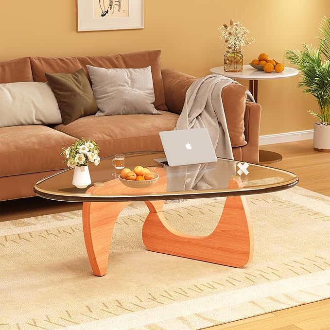 Coffee Table for Living Room Mid Century Modern Center Small Table with Glass Top and Wood, Walnut Transparent(32 Inch)