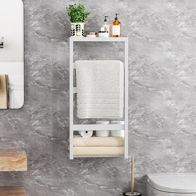 Bamboo Wall Blanket Ladder, 4-Tier Towel Racks, Bamboo Bath Towel Racks for Bathroom Wall Mounted, Decorative Blanket, Quilt, Towel, Scarf Ladder Shelves for Bathroom, Living Room, Bedroom,White