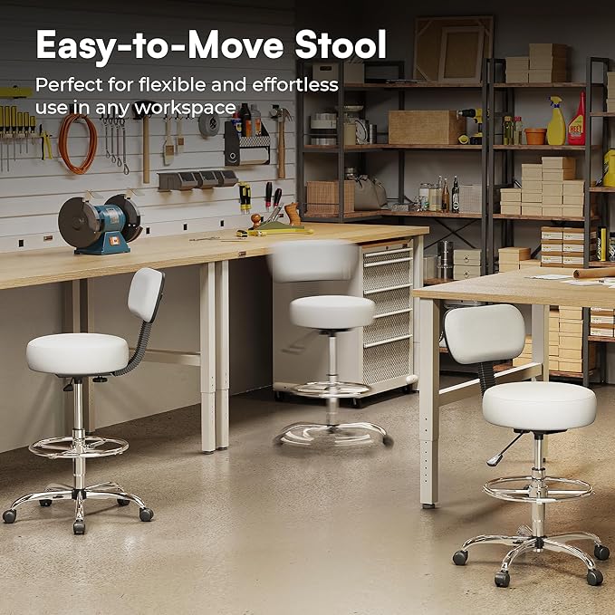 SUPERJARE Drafting Chair with Back, Adjustable Foot Rest Rolling Stool, Multi-Purpose Office Desk Chair, Thick Seat Cushion for Home Bar Kitchen Shop - White