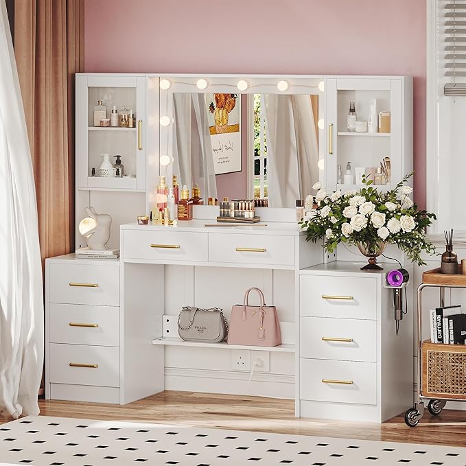 TOKSOM 58.3”Vanity Desk with Mirror and Charging Station, Bedroom Dressing Table, Large Vanity Set, 8 Drawers and 2 Cabinets, Makeup Vanity Table with Charging Station, Without Lights