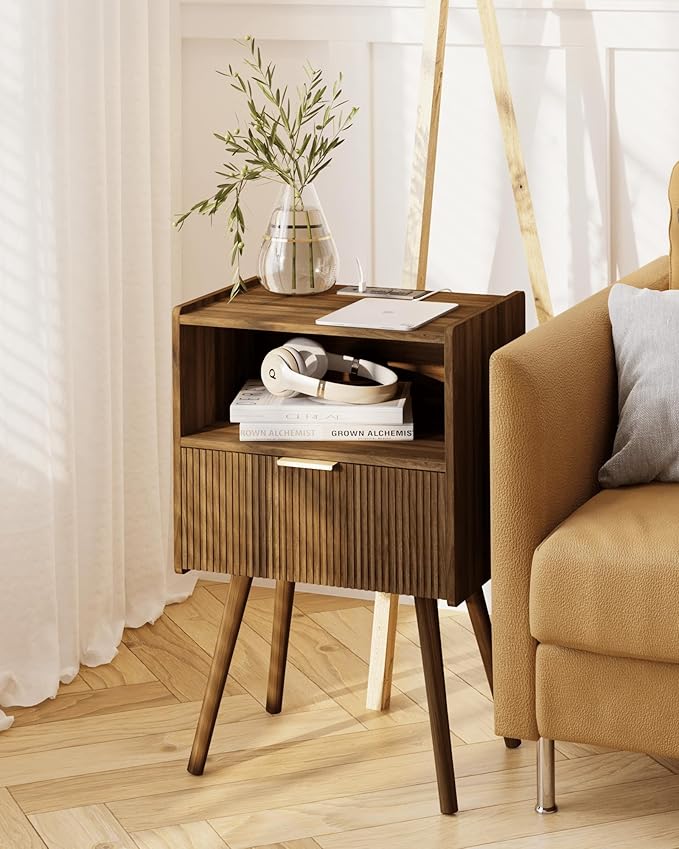JOONEE Nightstand with Outlet,Modern Bedside Table with Storage Drawer and Open Wood Shelf, for Living Room, Bedroom and Small Spaces, Accent Night Stand with Solid Wood Legs, Easy Assembly,Brown