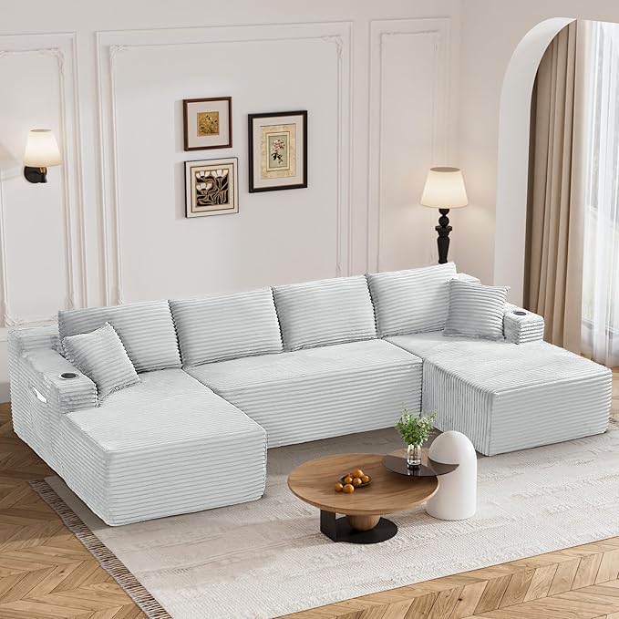 133" Oversized Cloud Boneless Sofa Couch with Chaise, Modern Corduroy Modular Sectional Sofa with Deep Seat, Comfy Couch with cupholders and Storage, No Assembly Required-Light Grey