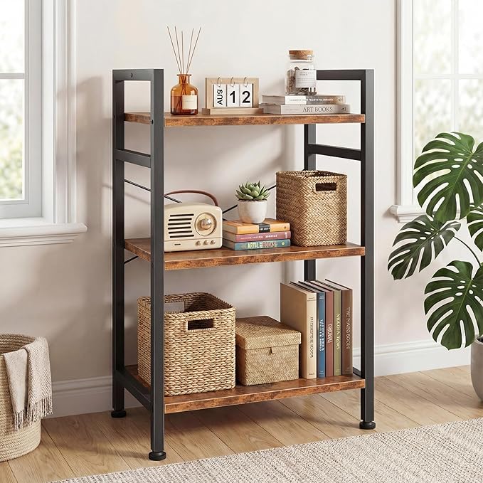 DUMOS 3 Tiers Open Bookshelf, Classic Freestanding Tall Display Shelf, Multifunctional Storage Organizer Rack for Living Room Home Office, Sturdy Bookcase for CDs/Books/Movies, Brown