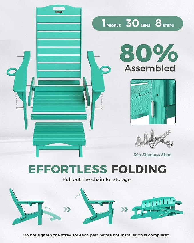 Adjustable Adirondack Chairs Set of 4 with Retractable Ottoman, HDPE Folding Adirondack Chair with Cup Holders, Weather Resistant for Backyard, Poolside & Fire Pit (Lake Blue)