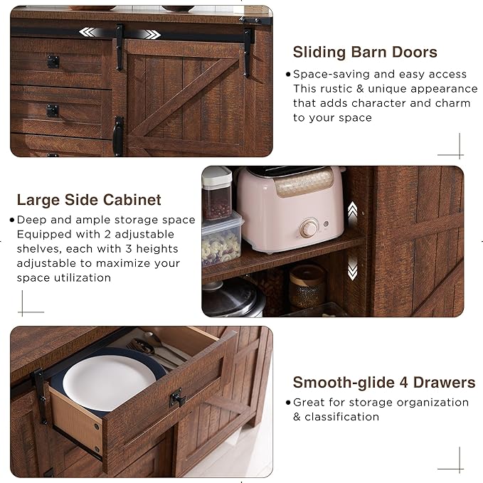T4TREAM Farmhouse Sideboard Buffet Cabinet with Storage, 60" Large Kitchen Cabinet w/Sliding Barn Doors and 4 Drawers, 31.2'' Tall Rustic Wood Coffee Bar Table for Dining Room,Reclaimed Barnwood Color