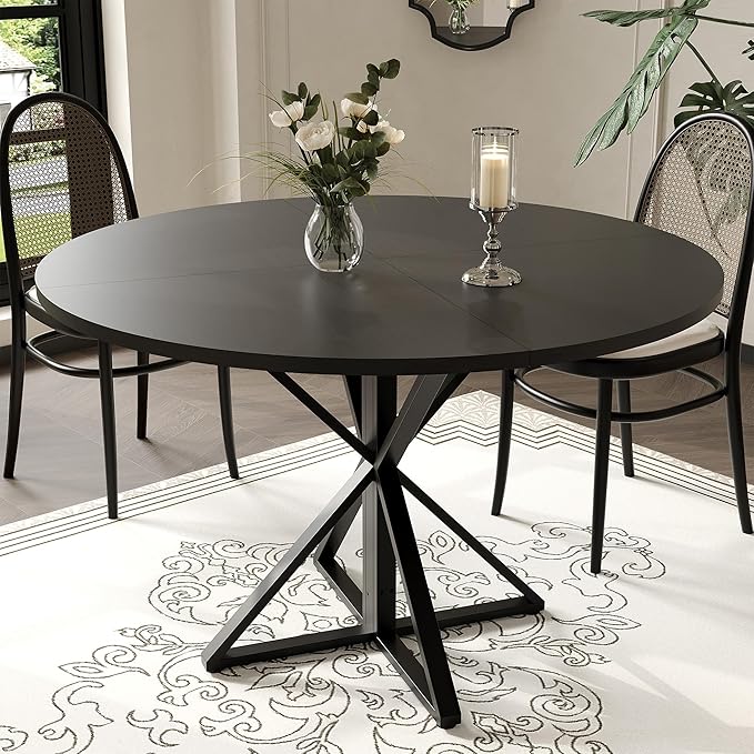 GarveeHome 47 Inch Round Dining Table for 4-6, Circle Kitchen Table with Pedestal Base, Farmhouse Wooden Dining Table for Small Spaces, Kitchen & Dining Room, Living Room-Black/Only Table