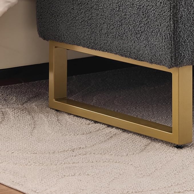 Storage Bench for Bedroom End of Bed King Size, 66'' Bedroom Benches for Foot of Bed King, Grey Teddy End of Storage Bench with Gold Legs & 2 Pillows for Entryway, Windows, Closet