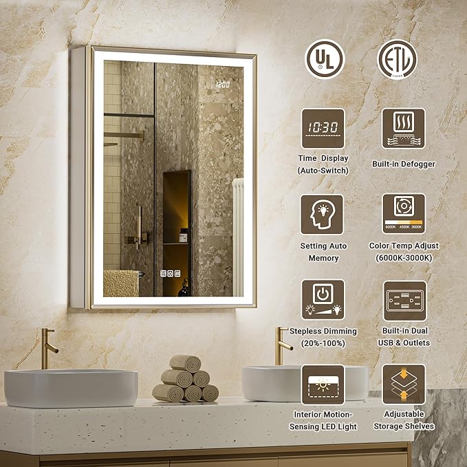 20x32 Lighted Medicine Cabinet, Beveled Brushed Nickel Framed Surface or Recessed Fogless Dimmable LED Medicine Cabinet with Mirror, Outlet, Time Display and Sensor Inner Light(Right Hinge)