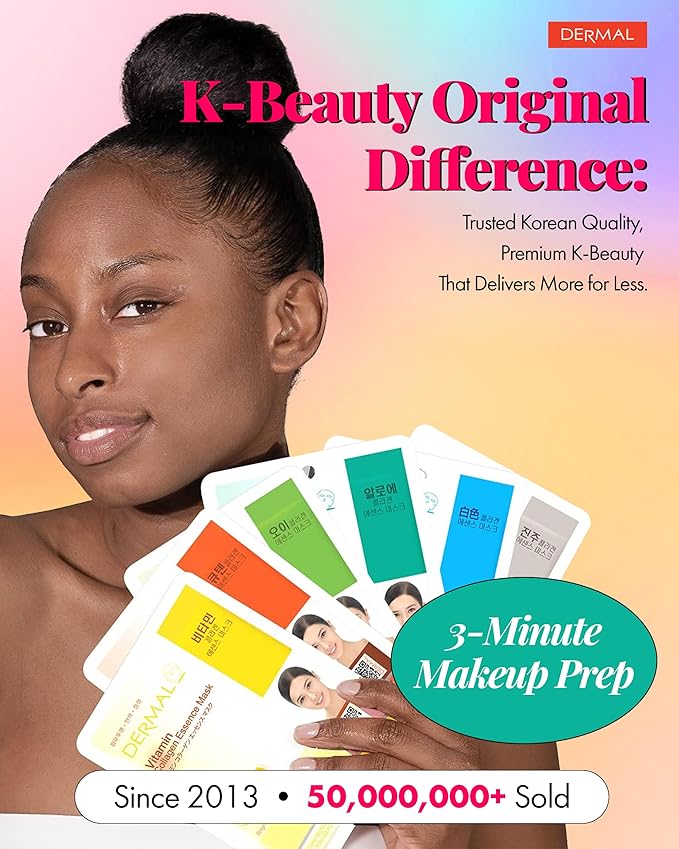 DERMAL 26 Combo Pack Collagen Essence Korean Face Mask (Green & Yellow) - Hydrating & Soothing Facial Mask with Panthenol - Hypoallergenic Sheet Mask for All Skin Types - Home Spa Treatment Mask